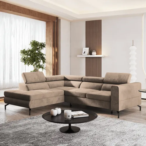 KONDELA Baltik Roh L rohová sedačka s rozkladom a úložným priestorom svetlohnedá / čierna