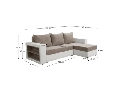 Detail produktu KONDELA Merak Roh P rohová sedačka s rozkladom a úložným priestorom biela / hnedý melír