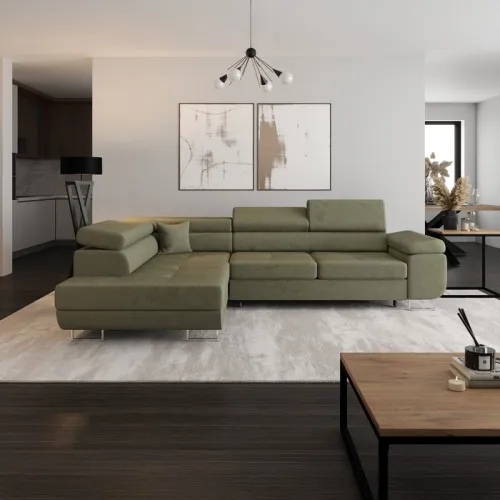 KONDELA Anton Roh L rohová sedačka s rozkladom a úložným priestorom olivovo zelená