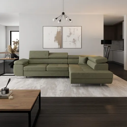 KONDELA Anton Roh P rohová sedačka s rozkladom a úložným priestorom olivovo zelená