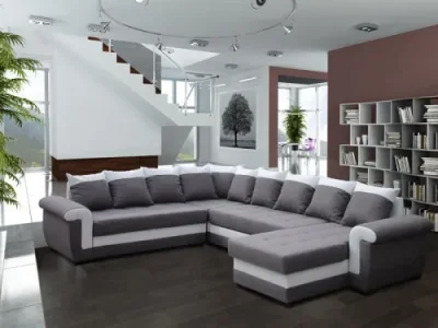 Rohová rozkladacia pohovka s lenoškou a 10 vankúšmi Latte svetlosivá/biela