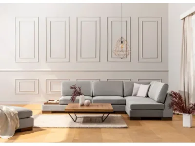 Detail produktu Rohová sedacia súprava Tulip 313 cm s odkladacím stolíkom svetlosivá pravá