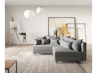 Detail produktu DELIFE Rohová pohovka Clovis sivá plochá tkanina ležadlo ľavá modulárna pohovka