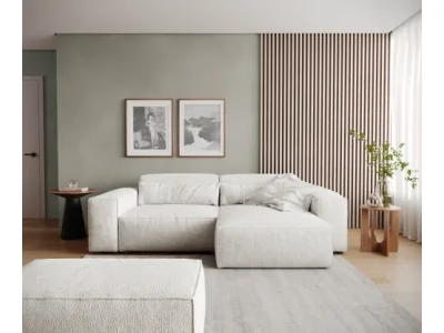 Detail produktu DELIFE Rohová pohovka Sirpio 230x155 cm bouclé krémovo biela ležadlo variabilné s taburetom