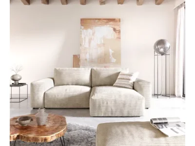 Detail produktu DELIFE Rohová pohovka Lanzo 230x155 cm manšester béžová variabilné ležadlo s taburetom