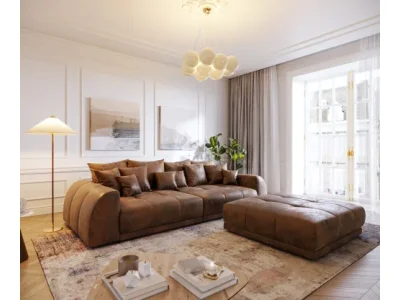 DELIFE Veľká pohovka Violetta 310x135 hnedá vintage taburet vankúš