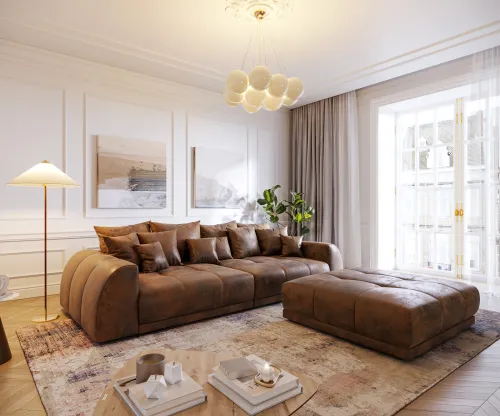 DELIFE Veľká pohovka Violetta 310x135 hnedá vintage taburet vankúš