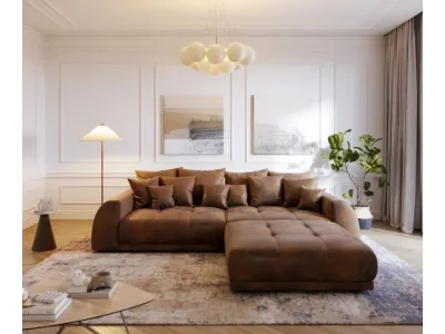 Detail produktu DELIFE Veľká pohovka Violetta 310x135 hnedá vintage taburet vankúš