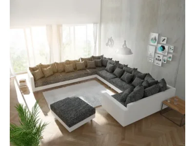 Detail produktu DELIFE Pohovka v tvare U Clovis XXL biela čierna s taburetom a opierkou ležadlo ľavá