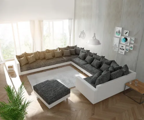 DELIFE Pohovka v tvare U Clovis XXL biela čierna s taburetom a opierkou ležadlo ľavá