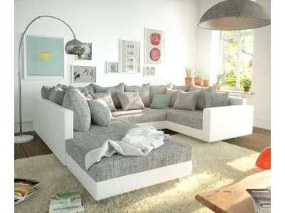 DELIFE Pohovka v tvare U Clovis biela svetlosivá modulárny taburet opierka