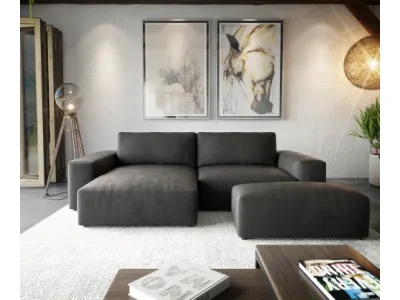 Detail produktu DELIFE Rohová pohovka Lanzo XL 270x180 cm imitácia kože vintage antracitová variabilné ležadlo s taburetom