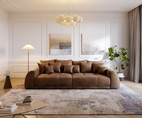 DELIFE Veľká pohovka Violetta 310x135 cm hnedá vintage vzhľad s vankúšmi