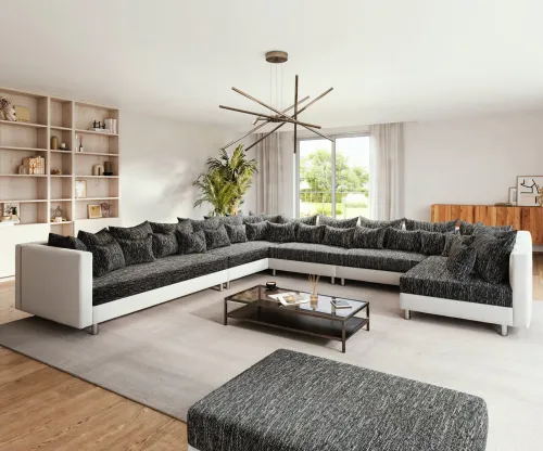 DELIFE Pohovka v tvare U Clovis XXL biela čierna s ležadlom taburet ľavá