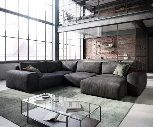 DELIFE Pohovka v tvare U Lanzo 300x210 cm imitácia kože vintage antracitová ležadlo variabilné