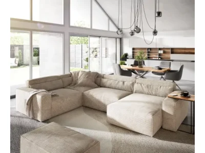 DELIFE Pohovka v tvare U Sirpio 300x210 cm manšester béžová ležadlo variabilné s taburetom