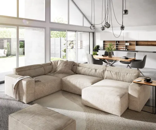 DELIFE Pohovka v tvare U Sirpio 300x210 cm manšester béžová ležadlo variabilné s taburetom