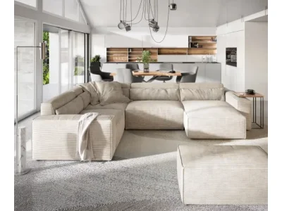 Detail produktu DELIFE Pohovka v tvare U Sirpio 300x210 cm manšester béžová ležadlo variabilné s taburetom