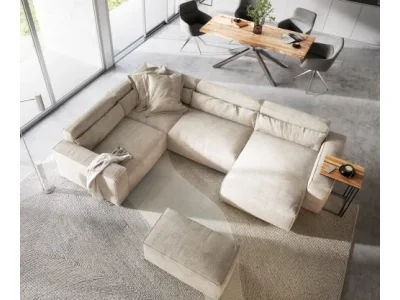 Detail produktu DELIFE Pohovka v tvare U Sirpio 300x210 cm manšester béžová ležadlo variabilné s taburetom