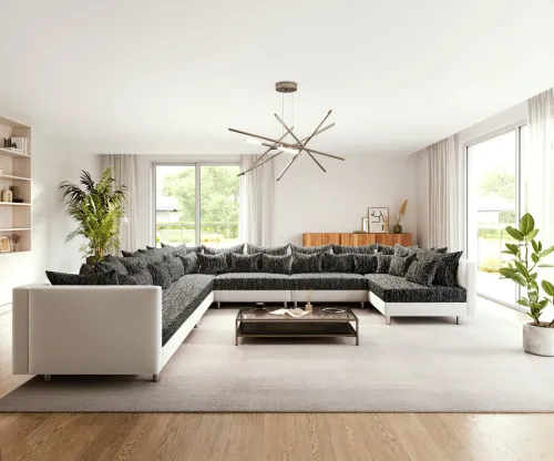 DELIFE Pohovka v tvare U Clovis XXL biela čierna ležadlo ľavé