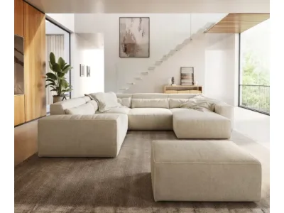 Detail produktu DELIFE Pohovka v tvare "U" Sirpio 300x210 cm bouclé bielo-krémová ležadlo variabilné s taburetom