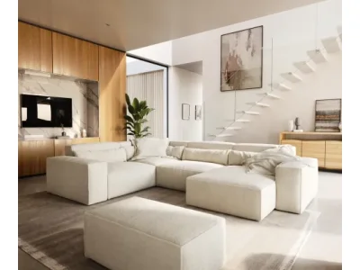 DELIFE Pohovka v tvare "U" Sirpio 300x210 cm bouclé bielo-krémová ležadlo variabilné s taburetom