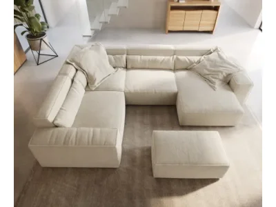 Detail produktu DELIFE Pohovka v tvare "U" Sirpio 300x210 cm bouclé bielo-krémová ležadlo variabilné s taburetom