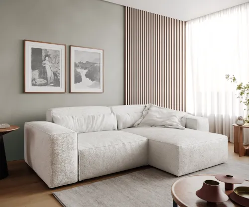 DELIFE Rohová pohovka Sirpio 230x155 cm bouclé krémovo bielo ležadlo variabilné