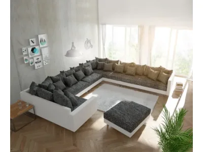 DELIFE Pohovka v tvare U Clovis XXL biela čierna s taburetom a opierkou ležadlo pravá