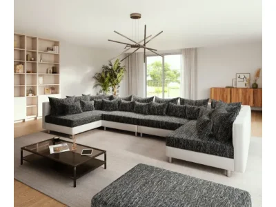 DELIFE Pohovka v tvare U Clovis XL biela čierna s taburetom modulárna