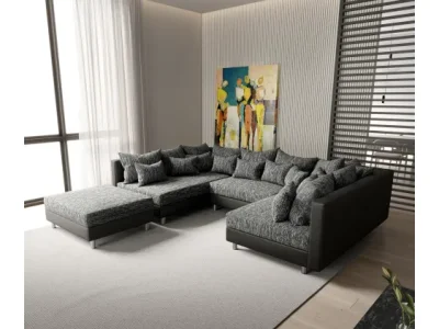 DELIFE Pohovka v tvare U Clovis čierna modulárna pohovka s taburetom