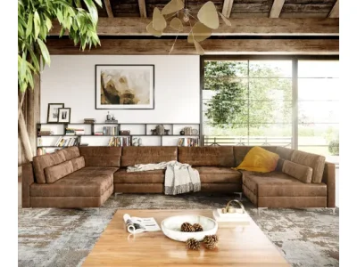 DELIFE Pohovka v tvare U Elio XL 400x185 cm imitácia kože vintage hnedá vintage