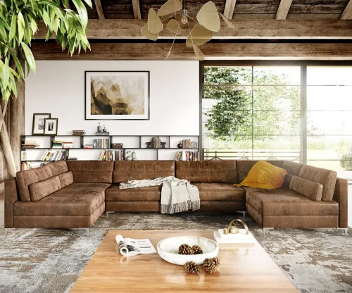 DELIFE Pohovka v tvare U Elio XL 400x185 cm imitácia kože vintage hnedá vintage