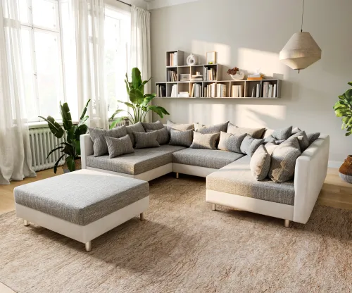 DELIFE Pohovka v tvare U Clovis biela svetlosivá modulárna pohovka taburet