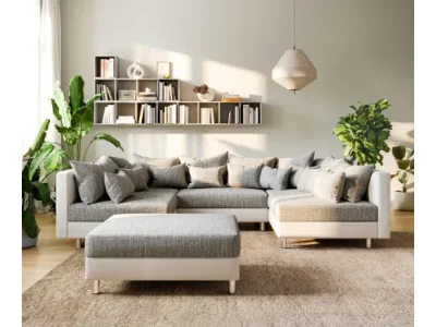 Detail produktu DELIFE Pohovka v tvare U Clovis biela svetlosivá modulárna pohovka taburet