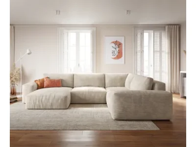 Detail produktu DELIFE Pohovka v tvare U Lanzo XL 360x260 cm manšester béžová variabilné ležadlo