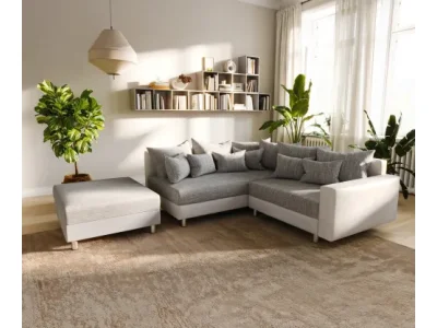 DELIFE Rohová pohovka Clovis biela svetlosivá taburet opierka ležadlo ľavá modulárna pohovka