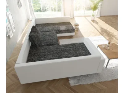 Detail produktu DELIFE Pohovka v tvare U Clovis biela čierna s taburetom a opierkou