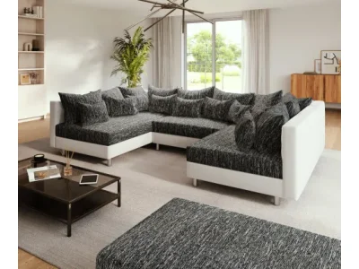 DELIFE Pohovka v tvare U Clovis biela čierna modulárna s taburetom