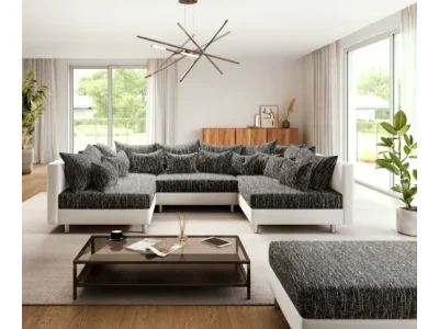 Detail produktu DELIFE Pohovka v tvare U Clovis biela čierna modulárna s taburetom