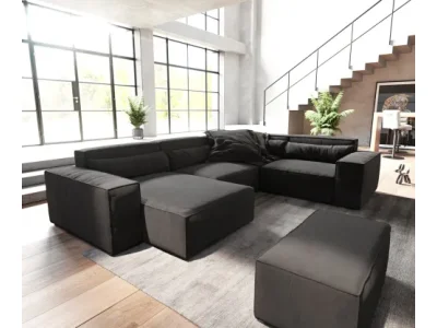 Detail produktu DELIFE Pohovka v tvare "U" Sirpio 300x210 cm mikrovlákno čierna ležadlo variabilné s taburetom