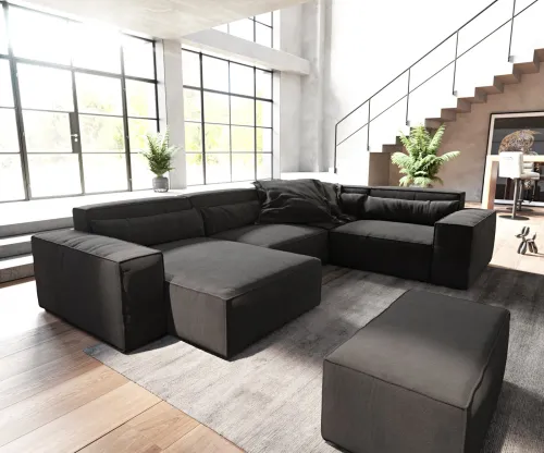 DELIFE Pohovka v tvare "U" Sirpio 300x210 cm mikrovlákno čierna ležadlo variabilné s taburetom