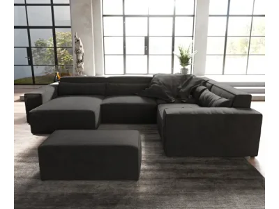 Detail produktu DELIFE Pohovka v tvare "U" Sirpio 300x210 cm mikrovlákno čierna ležadlo variabilné s taburetom