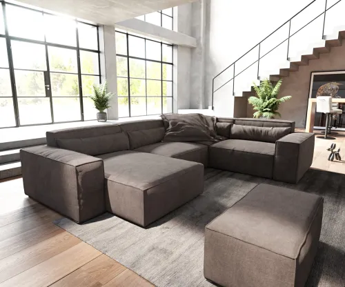 DELIFE Pohovka v tvare "U" Sirpio 300x210 cm mikrovlákno khaki-hnedá ležadlo variabilné s taburetom