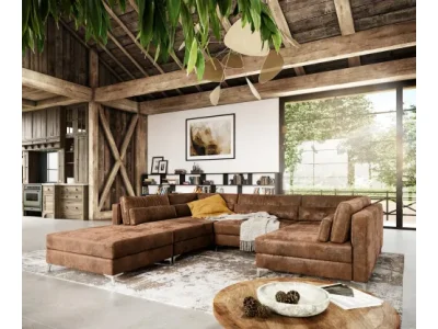 DELIFE Pohovka v tvare U Elio 300x185 cm imitácia kože vintage hnedá antik s taburetom