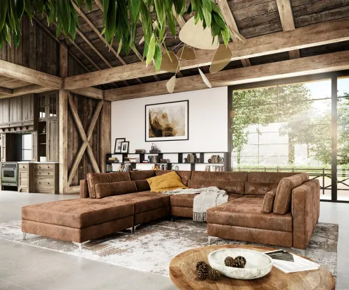 DELIFE Pohovka v tvare U Elio 300x185 cm imitácia kože vintage hnedá antik s taburetom