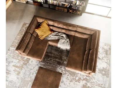 Detail produktu DELIFE Pohovka v tvare U Elio 300x185 cm imitácia kože vintage hnedá antik s taburetom