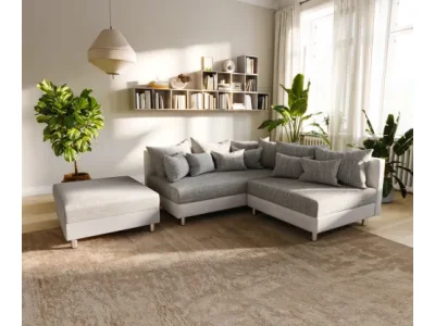 DELIFE Rohová pohovka Clovis biela svetlosivá modulárna pohovka taburet ležadlo ľavá