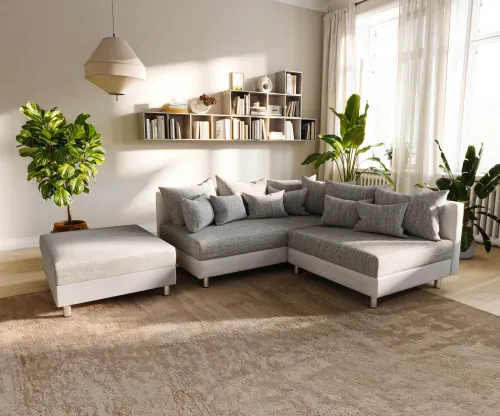 DELIFE Rohová pohovka Clovis biela svetlosivá modulárna pohovka taburet ležadlo ľavá