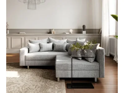 Detail produktu DELIFE Rohová pohovka Clovis svetlosivá štruktúrovaná látka opierka ležadlo ľavá modulárna pohovka